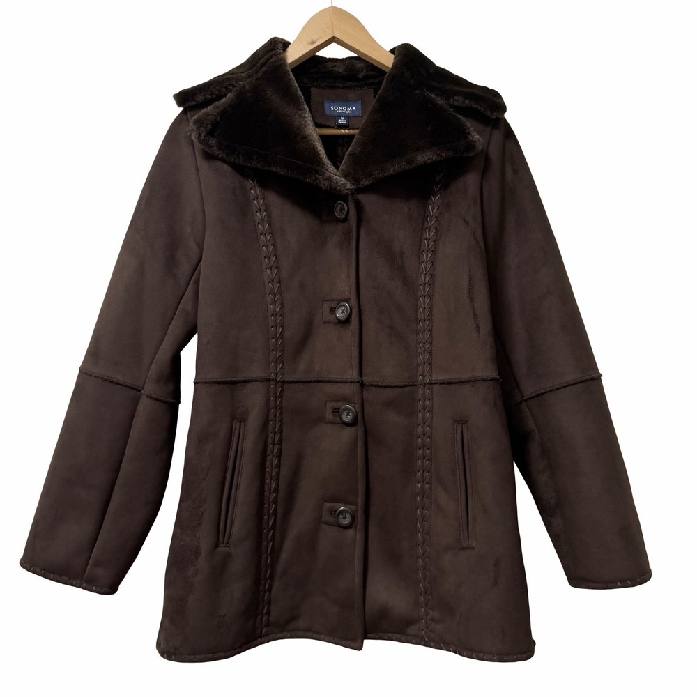 Sonoma Faux Suede Faux Fur Trim Embroidered Penny Lane Coat Size M Brown Boho
